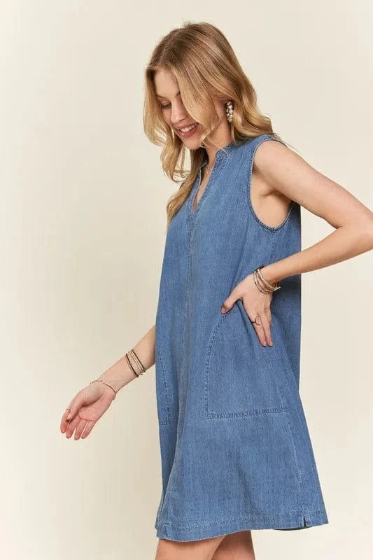 ADORA Notched Sleeveless Denim Dress with Pockets - Fashorio