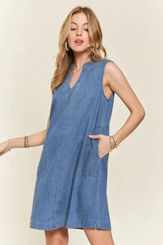 ADORA Notched Sleeveless Denim Dress with Pockets - Fashorio