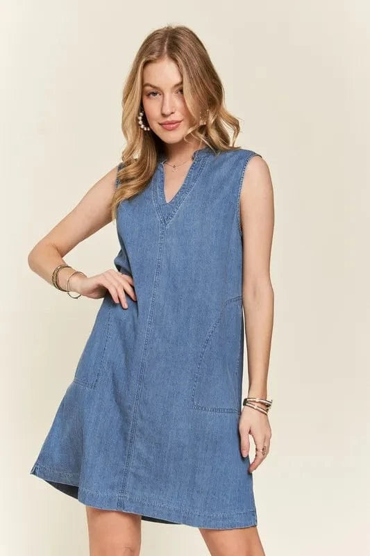 ADORA Notched Sleeveless Denim Dress with Pockets - Fashorio