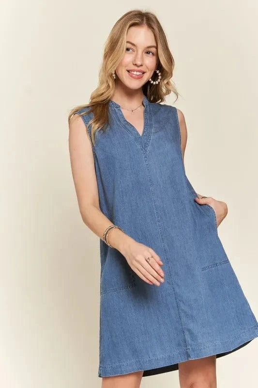 ADORA Notched Sleeveless Denim Dress with Pockets - Fashorio