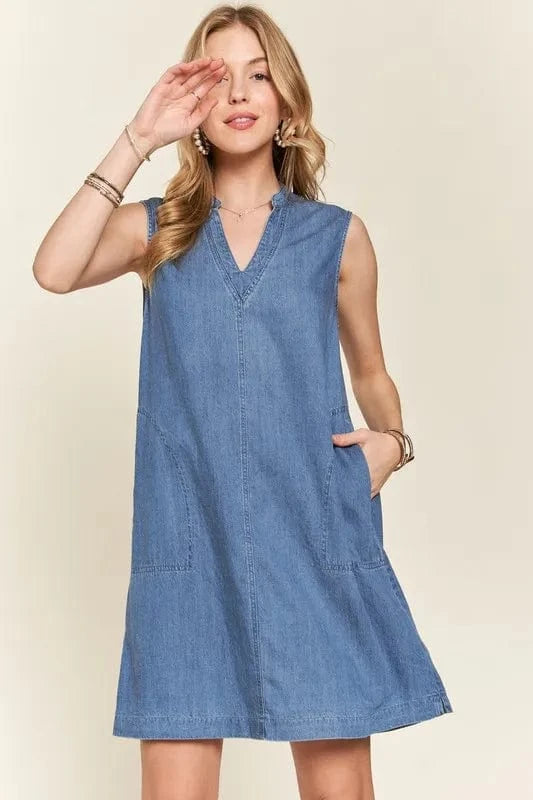 ADORA Notched Sleeveless Denim Dress with Pockets - Fashorio