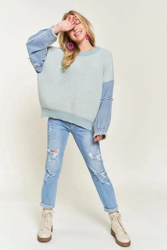 ADORA Plus Size Frayed Denim Sleeve Sweater Top - Fashorio