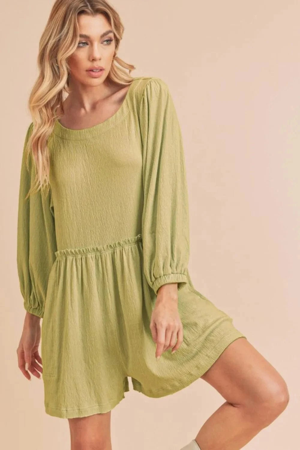 Aemi + Co Frill Round Neck Long Sleeve Romper with Pockets - Fashorio
