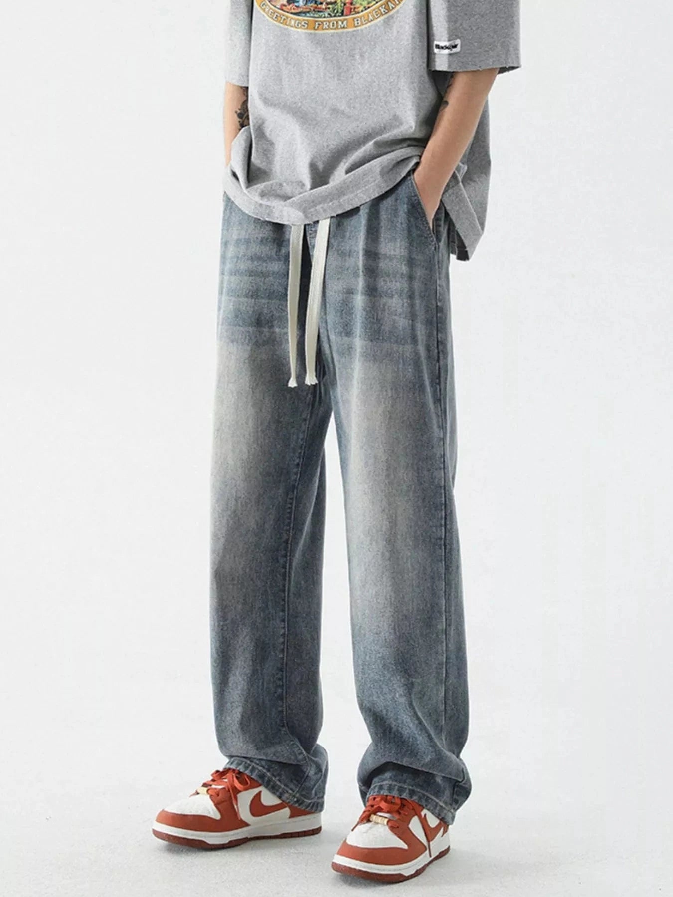 Men's Full Size Wide Leg Relaxed Fit Vintage Wash Jeans Plus Size Air Force Blue - Fashorio