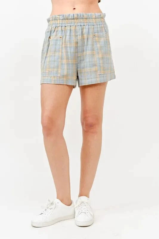 And The Why Plaid Print Smocked Detail Casual Shorts - Fashorio