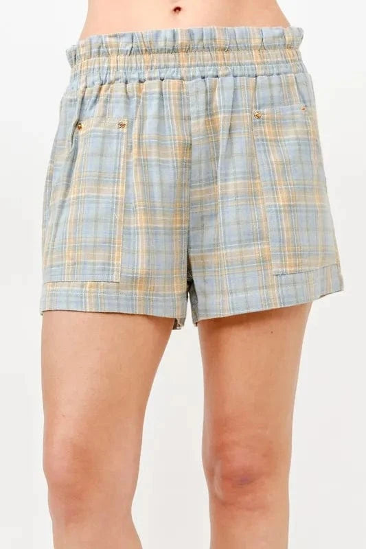 And The Why Plaid Print Smocked Detail Casual Shorts - Fashorio
