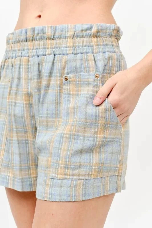 And The Why Plaid Print Smocked Detail Casual Shorts - Fashorio