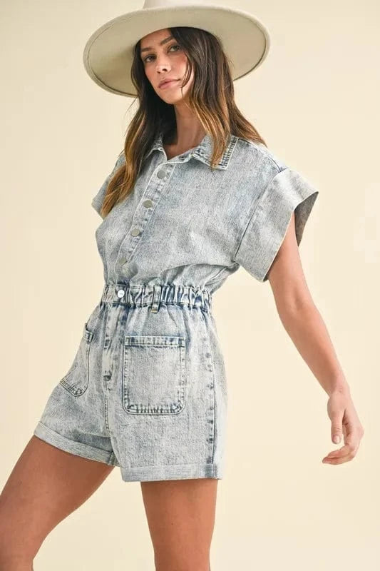 Annie Wear Elastic Waistband Short Sleeve Denim Romper - Fashorio