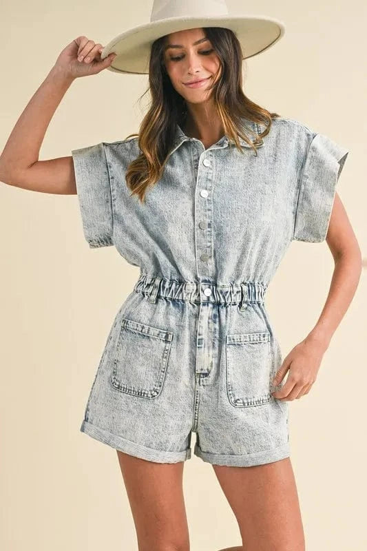 Annie Wear Elastic Waistband Short Sleeve Denim Romper - Fashorio