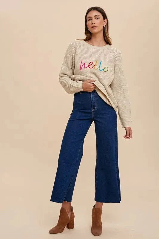Annie Wear HELLO Embroidered Raglan Sleeve Sweater - Fashorio