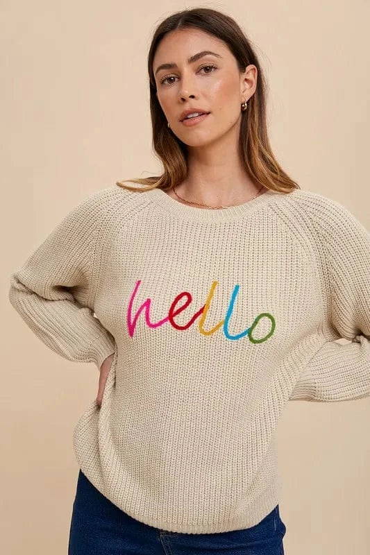 Annie Wear HELLO Embroidered Raglan Sleeve Sweater - Fashorio