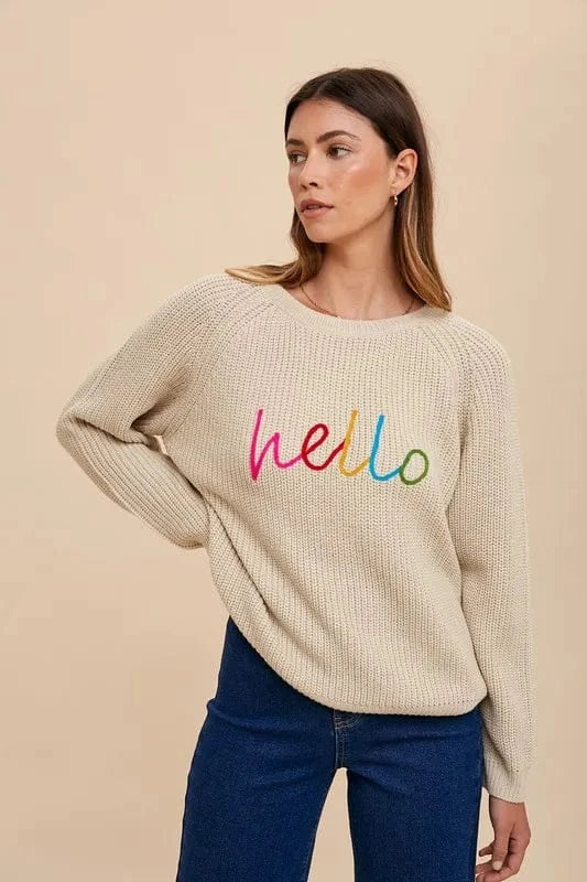 Annie Wear HELLO Embroidered Raglan Sleeve Sweater - Fashorio