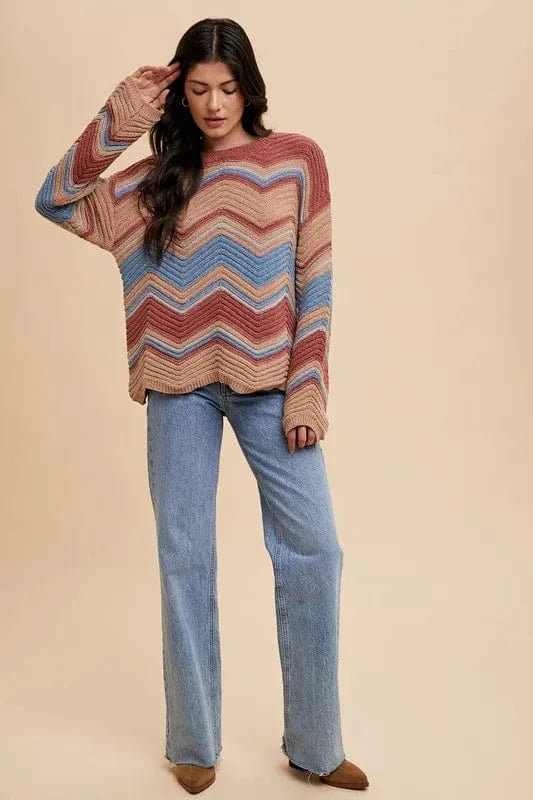 Annie Wear Multi Color Zig-Zag Round Neck Sweater - Fashorio