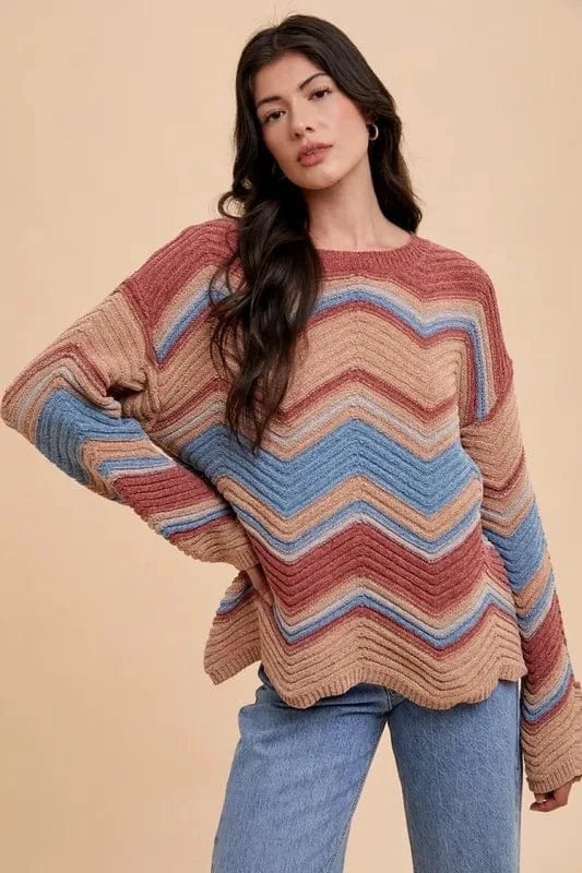 Annie Wear Multi Color Zig-Zag Round Neck Sweater - Fashorio
