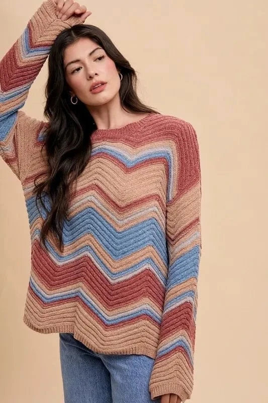 Annie Wear Multi Color Zig-Zag Round Neck Sweater - Fashorio