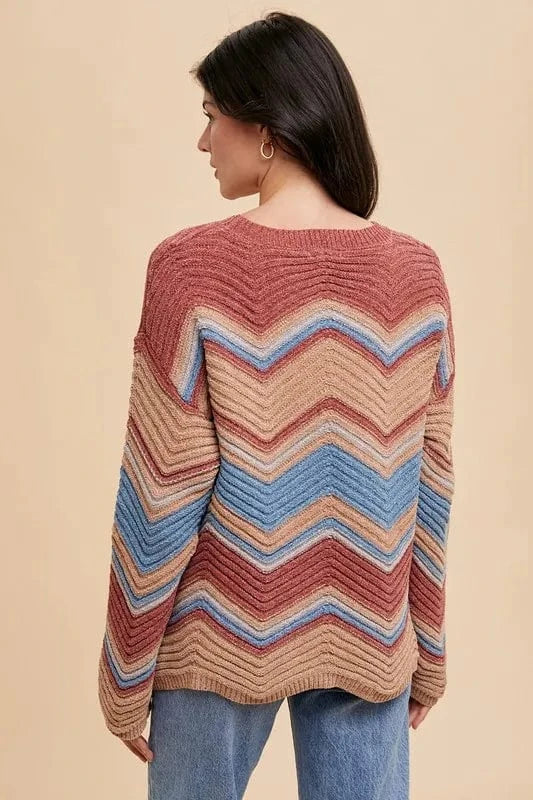 Annie Wear Multi Color Zig-Zag Round Neck Sweater - Fashorio