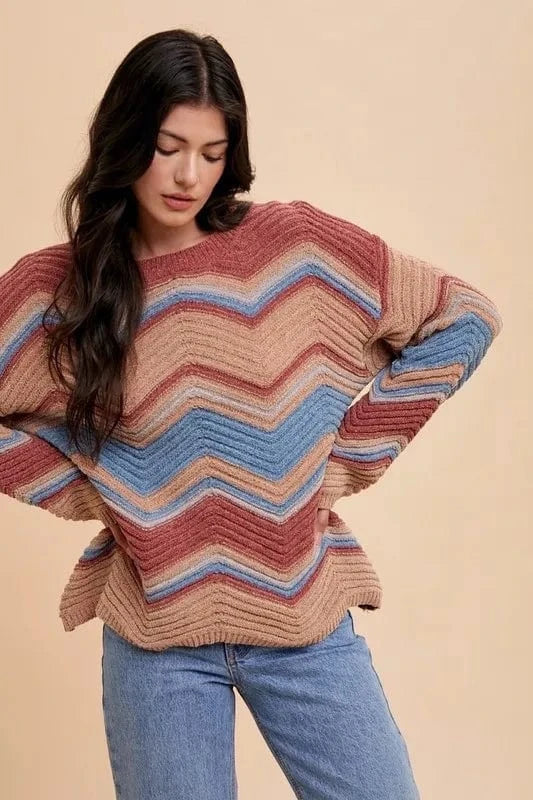 Annie Wear Multi Color Zig-Zag Round Neck Sweater - Fashorio