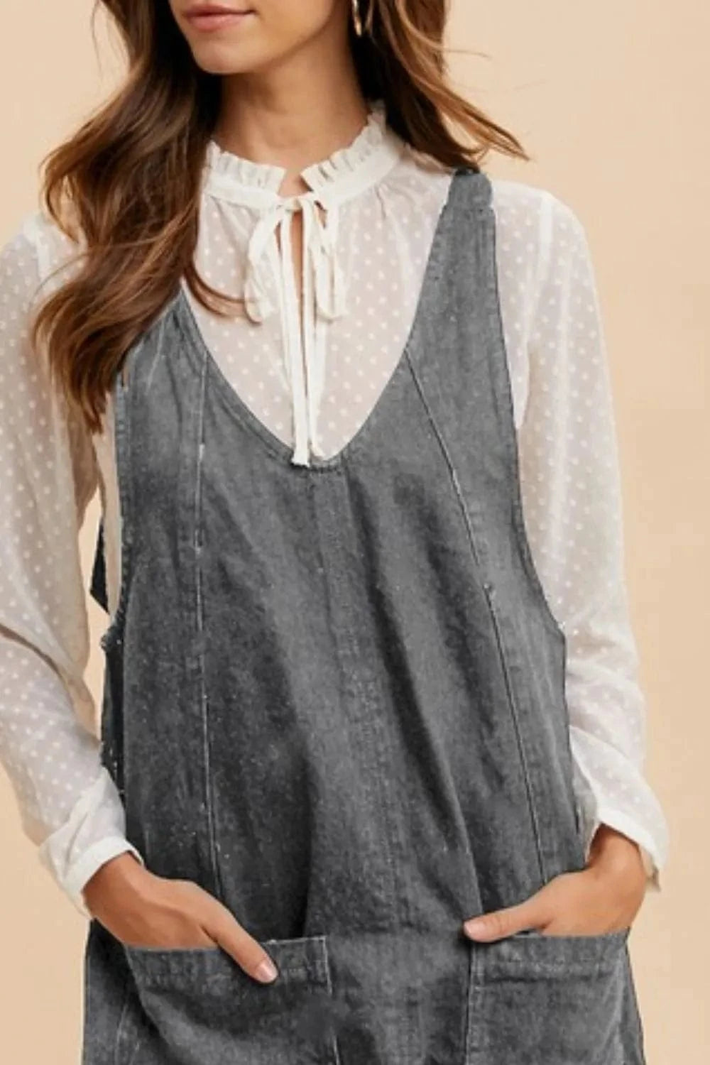Annie Wear V-Neck Adjustable Strap Denim Overall Dress with Pockets - Fashorio