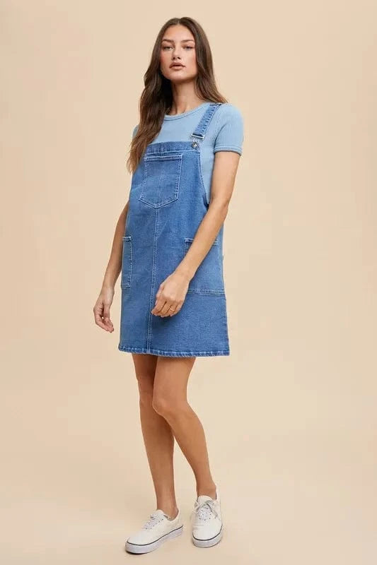 Annie Wear Wide Strap Denim Overall Dress with Pockets - Fashorio