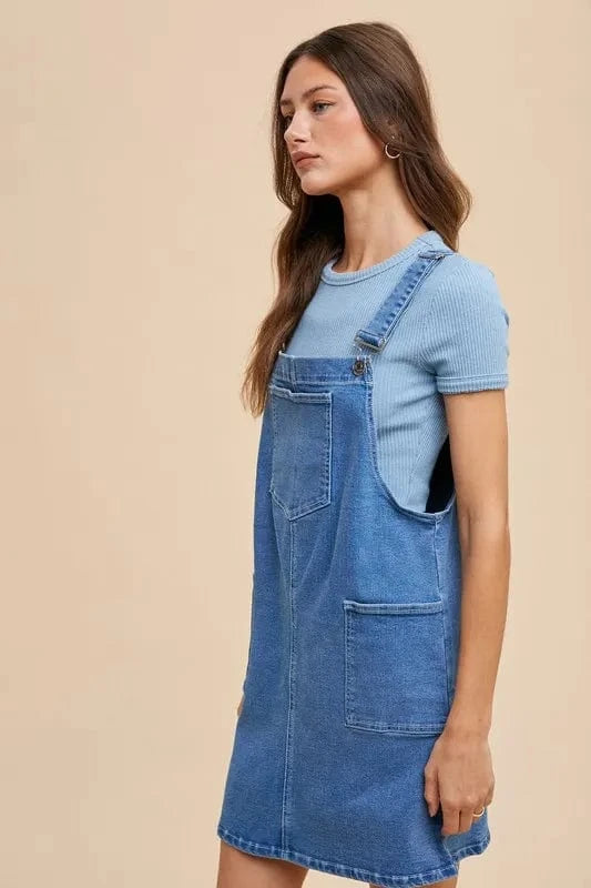 Annie Wear Wide Strap Denim Overall Dress with Pockets - Fashorio