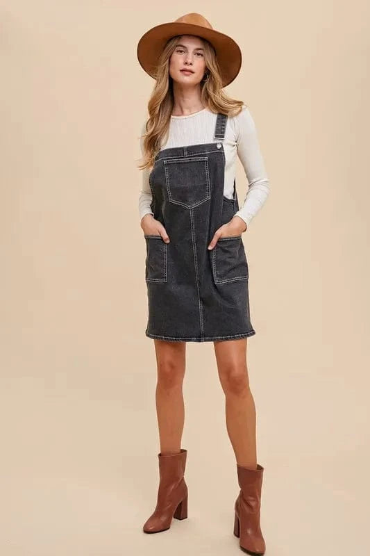 Annie Wear Wide Strap Denim Overall Dress with Pockets - Fashorio