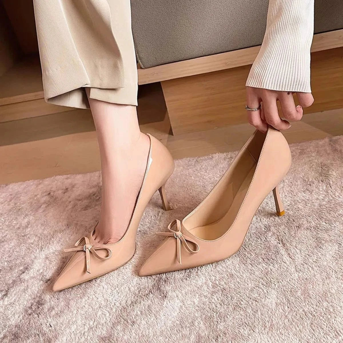 Bow Detail Point Toe Pumps Apricot - Fashorio