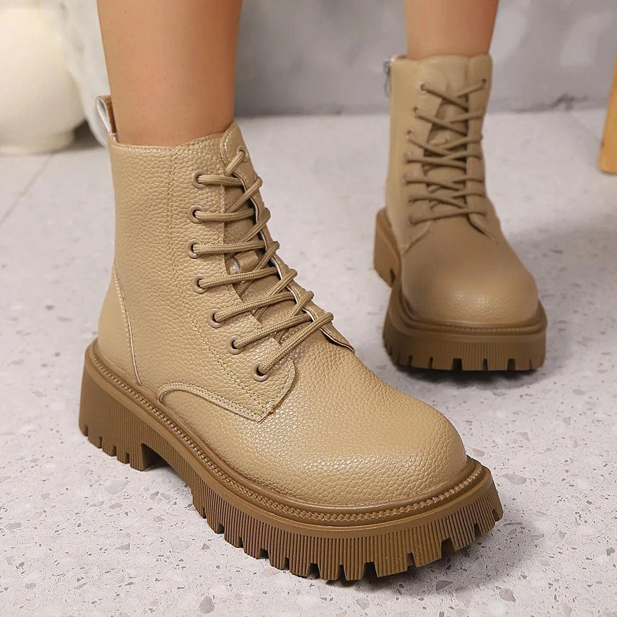 Lace Up Platform Boots Apricot - Fashorio