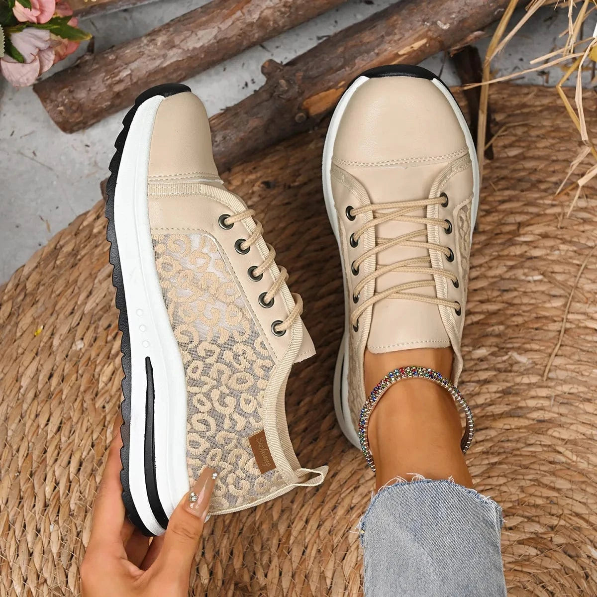 Lace-Up Platform Sneakers Apricot - Fashorio
