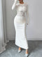 Fashorio Apricot / S Lace Panel Ruched Bodycon Maxi Dress
