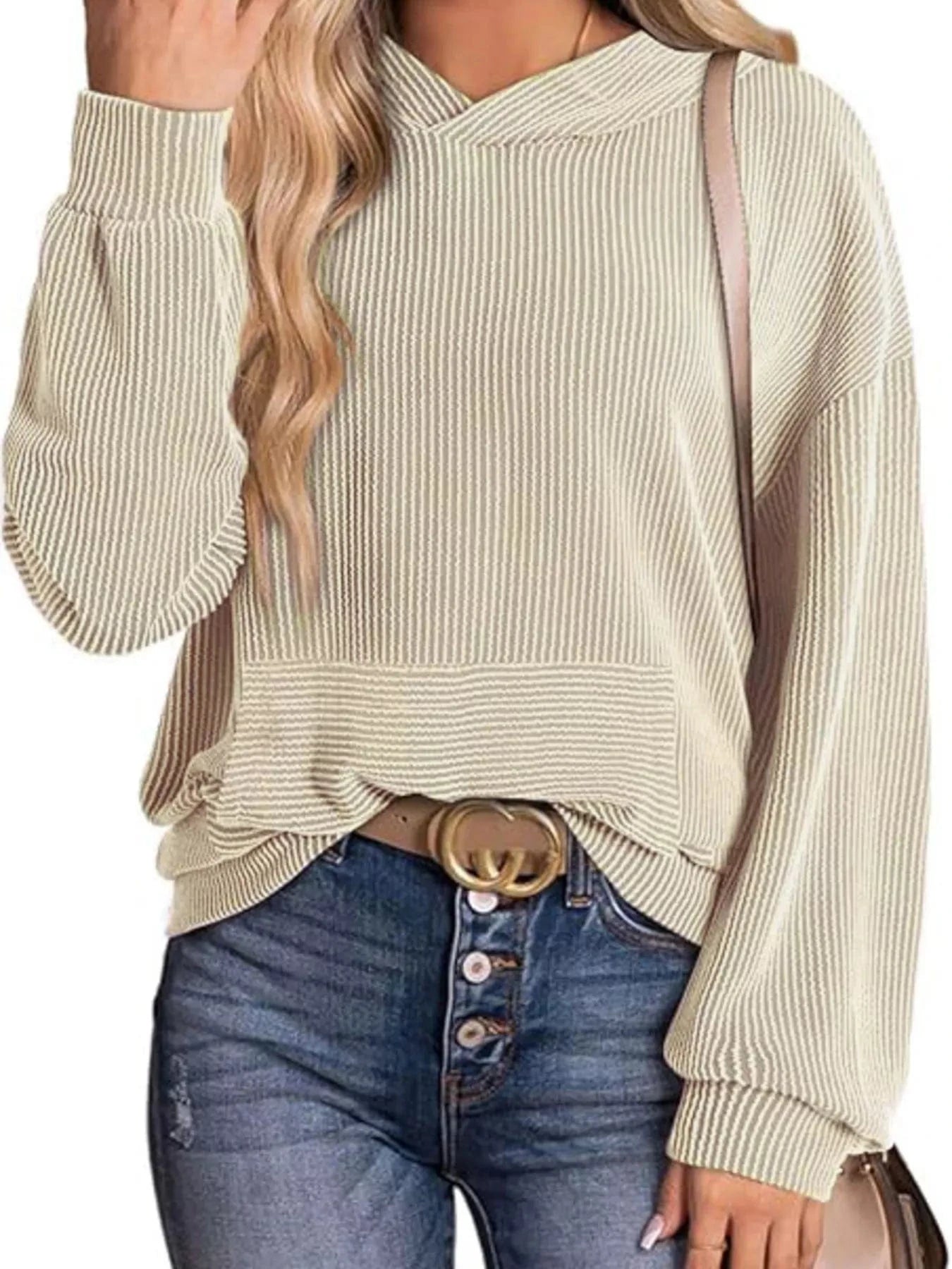 Ribbed Oversized Hoodie Sweatshirt with Pocket Apricot - Fashorio
