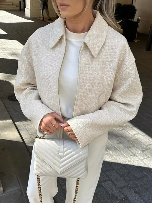 Fashorio Apricot / S Zip Up Tweed Cropped Jacket