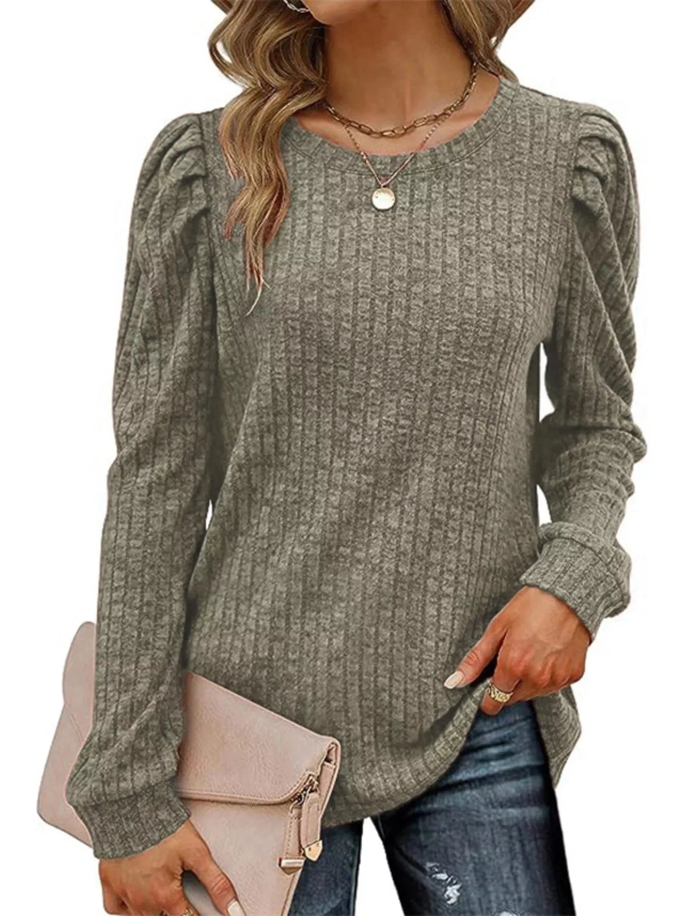 Ribbed Knit Top with Puff Sleeves Army Green - Fashorio