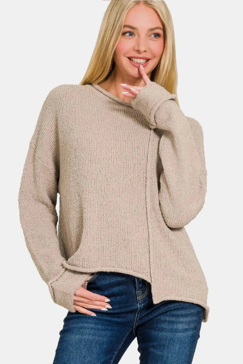 Zenana Asymmetric Hem Drop Shoulder Sweater Ash Mocha - Fashorio