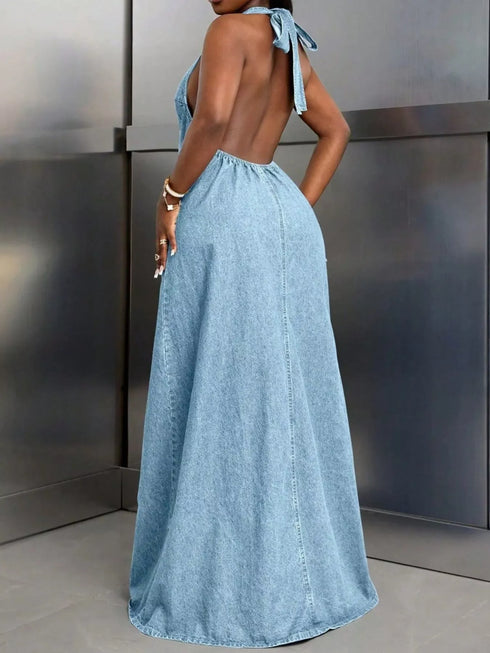 Fashorio Backless Halter Neck Maxi Denim Dress