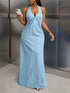 Fashorio Backless Halter Neck Maxi Denim Dress