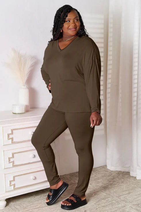 Fashorio Basic Bae Bamboo Full Size V-Neck Long Sleeve Top and Pants Lounge Set