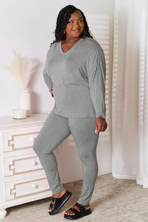 Fashorio Basic Bae Bamboo Full Size V-Neck Long Sleeve Top and Pants Lounge Set
