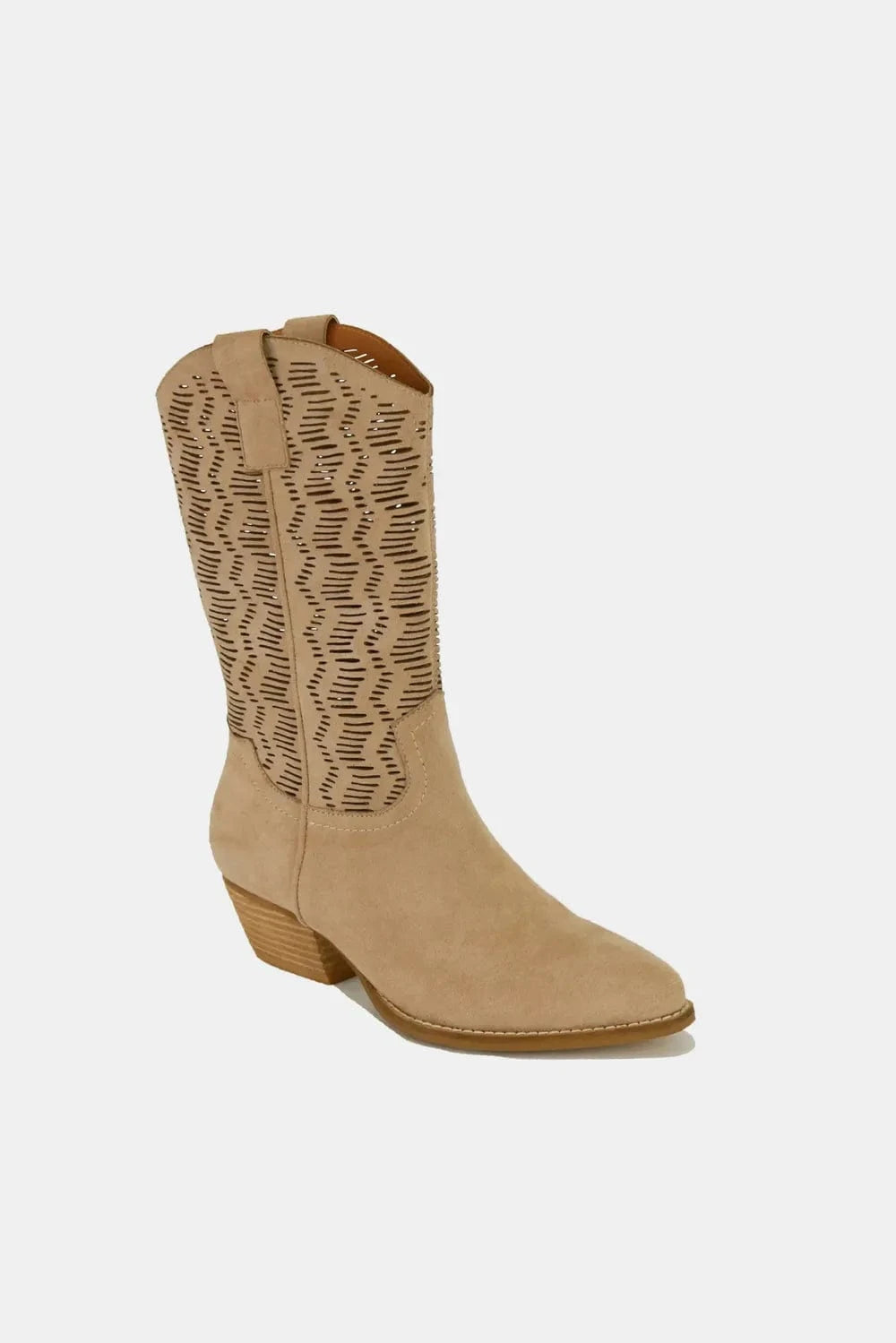 Beast Fashion Faux Suede Laser Cut Detail Block Heel Boots - Fashorio