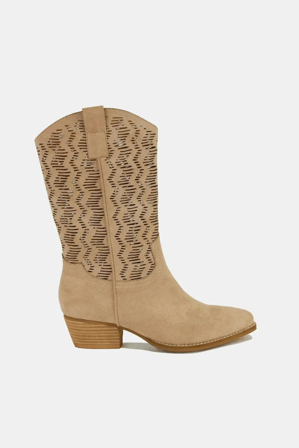 Beast Fashion Faux Suede Laser Cut Detail Block Heel Boots - Fashorio