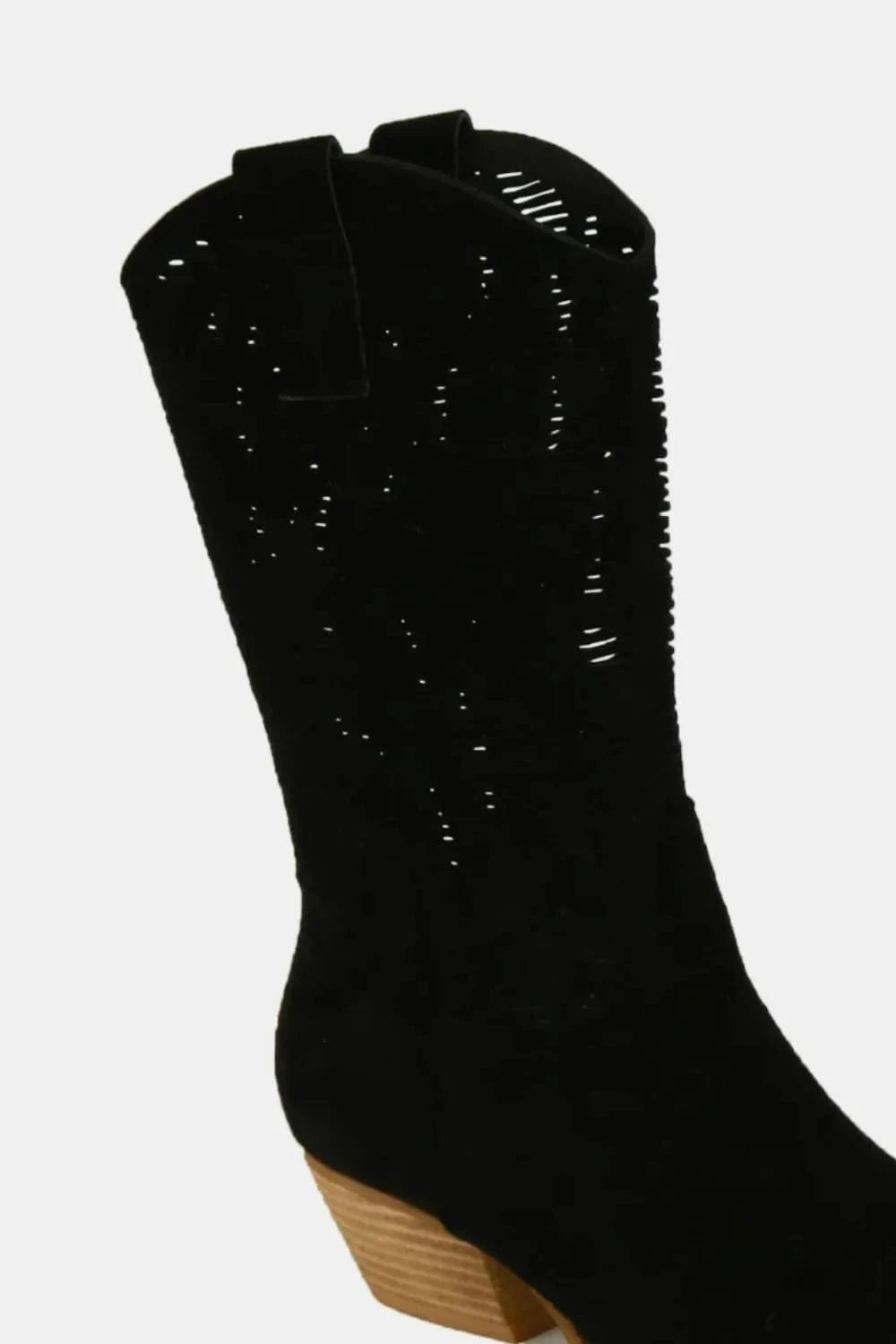 Beast Fashion Faux Suede Laser Cut Detail Block Heel Boots - Fashorio