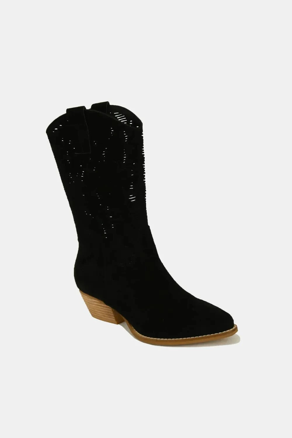 Beast Fashion Faux Suede Laser Cut Detail Block Heel Boots - Fashorio