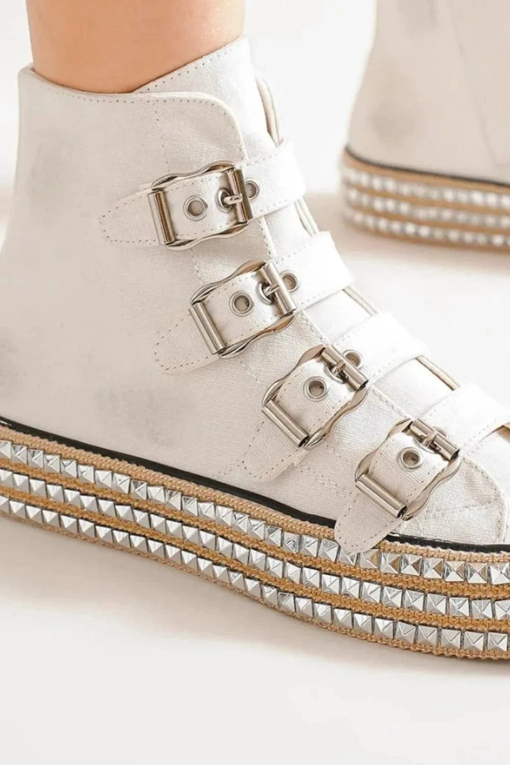 Beast Fashion Multi-Buckle Straps Studded Platform Sneakers - Fashorio