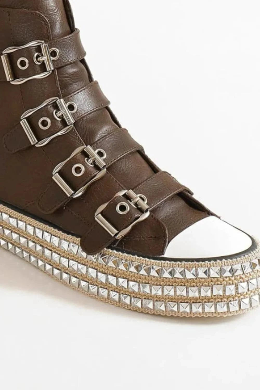 Beast Fashion Multi-Buckle Straps Studded Platform Sneakers - Fashorio