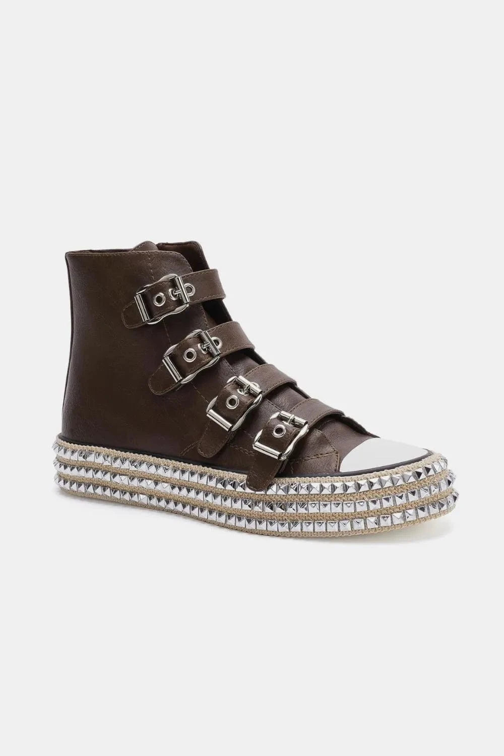 Beast Fashion Multi-Buckle Straps Studded Platform Sneakers - Fashorio
