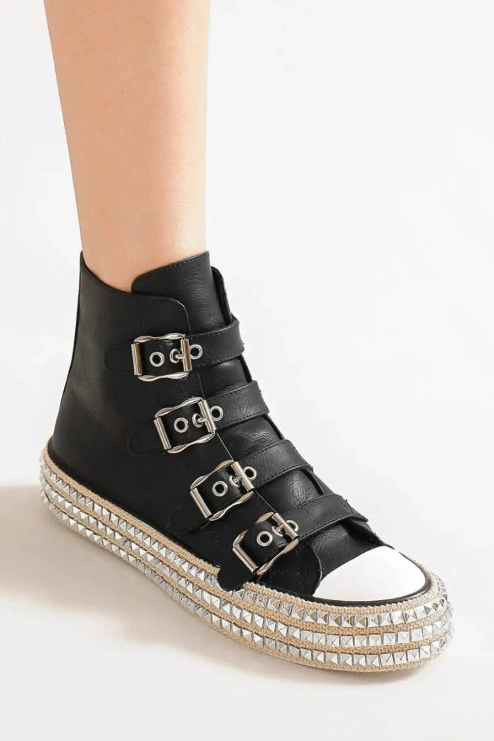 Beast Fashion Multi-Buckle Straps Studded Platform Sneakers - Fashorio