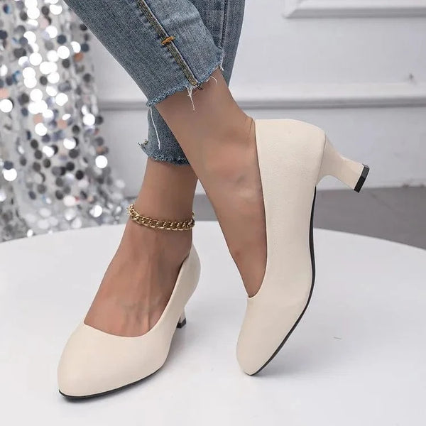 Point Toe Block Heels Pumps Beige - Fashorio