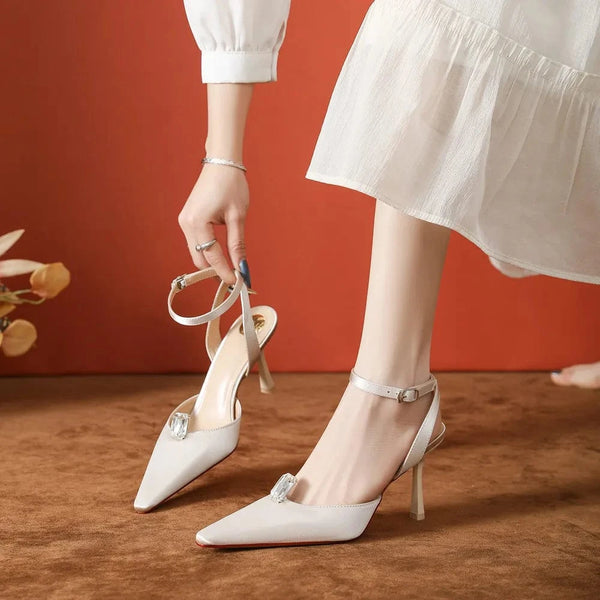 Point Toe Stiletto Slingback Pumps Beige - Fashorio