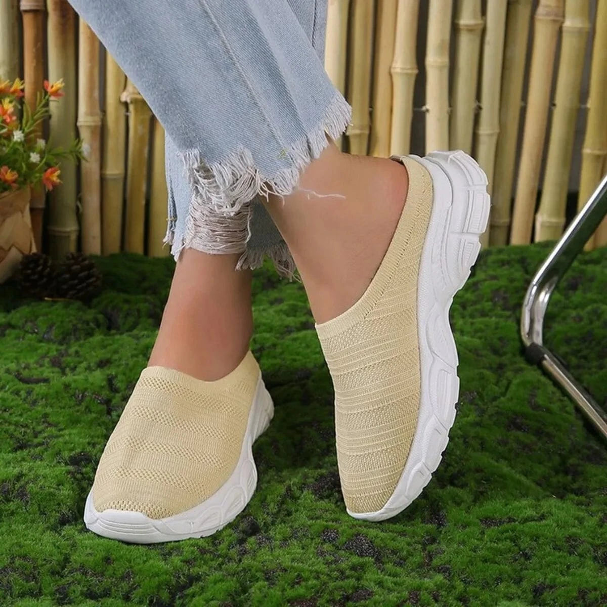 Breathable Mesh Round Toe Slip-Ons Beige - Fashorio