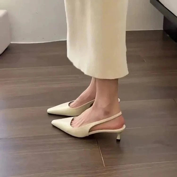 Point Toe Kitten Heel Slingback Pumps Beige - Fashorio