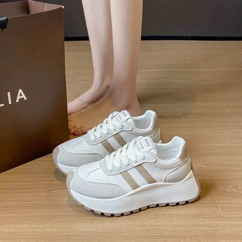 Side Striped Lace Up Platform Athletic Sneakers Beige - Fashorio